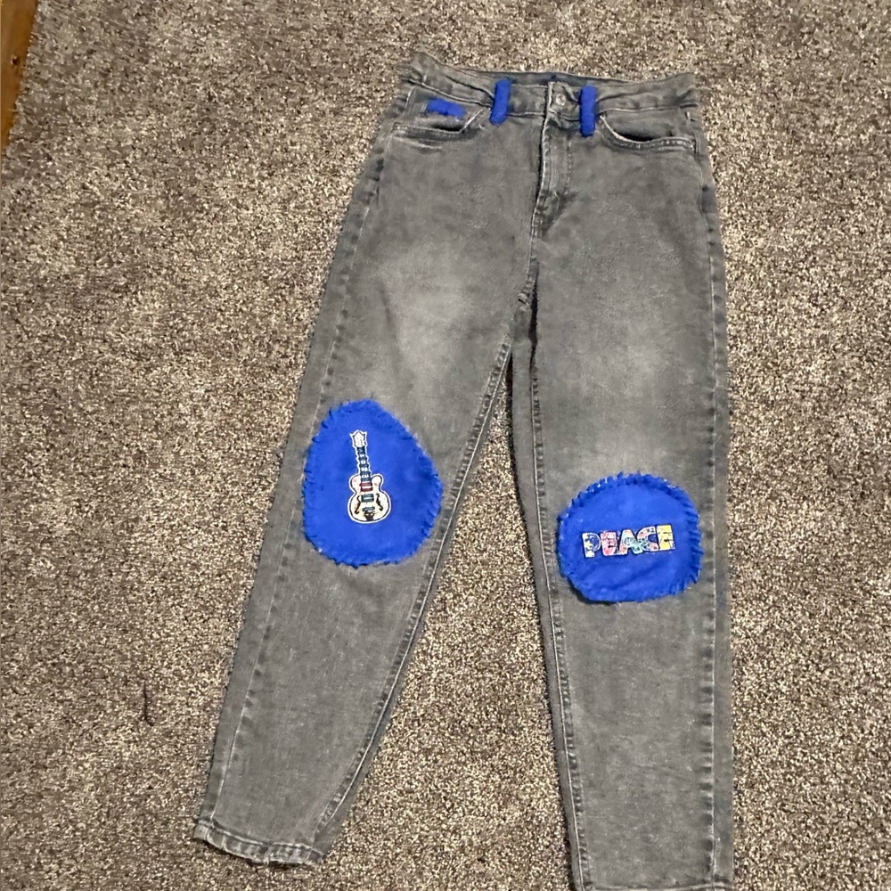 Redhawk Designs Hand Crafted Gray Jeans w/ Blue Deerskin, Lace & patches sz 4